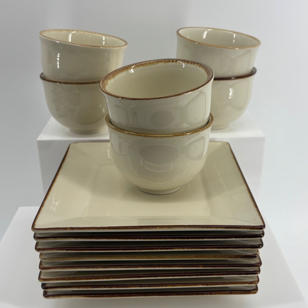 Pottery Barn Asian Square Putty Cream Brown Sake Or Tea Cups & Plates Set of 12